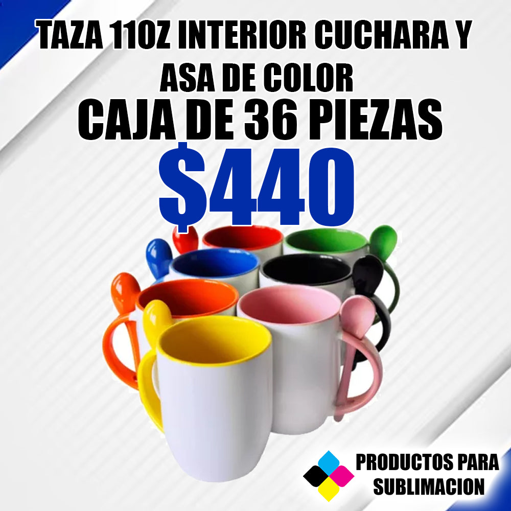 TAZA 11OZ PARA SUBLIMACIÓN  CON ASA, INTERIOR DE COLOR Y  CUCHARA